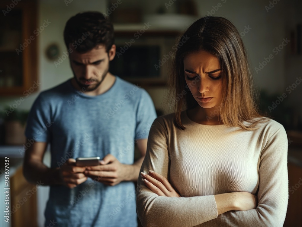Couple Arguing at Home with Tension and Frustration: Man on Phone, Woman Crossed Arms Couple Arguing at Home with Tension and Frustration: Man on Phone, Woman Crossed Arms