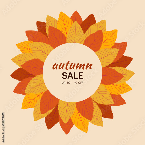 Autumn background. Orange, red and yellow aspen leaves. Round frame of leaves. Text autumn sale on beige background. Vector illustration. Bright banner with falling leaves.