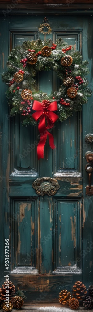 Christmas wreath on the door of a house with pine cones Christmas wreath on the door of a house with pine cones