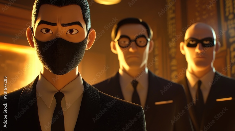 Animated Characters Asian Men in Black Masks A Spectacled Character The Character in a Bright Room Animated Characters Asian Men in Black Masks A Spectacled Character The Character in a Bright Room