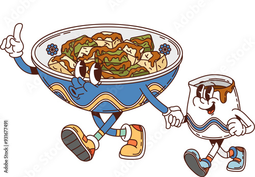Cartoon groovy Japanese warabi mochi dessert character. Charming bowl with pastry holding hands with smiling cup filled with brown sugar syrup. Vector Asian food dish personages feature friendly faces