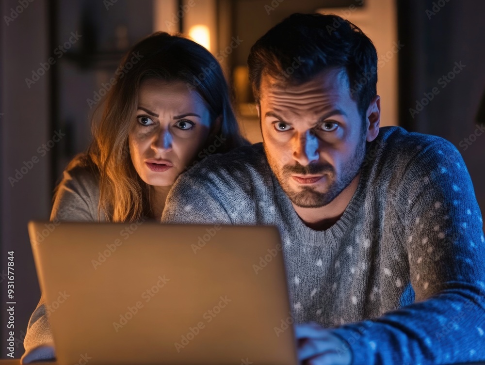 Worried Couple Watching Computer Screen Together at Night in Dim Lighting Worried Couple Watching Computer Screen Together at Night in Dim Lighting