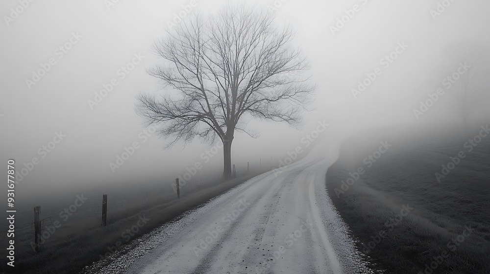 A lonely tree stands tall on a winding road amidst thick fog. A lonely tree stands tall on a winding road amidst thick fog.