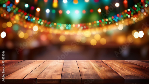 Tampo de mesa de madeira vazio em fundo abstrato de luzes de festa junina desfocadas, fundo para uso em monstagem de produtos para venda.
