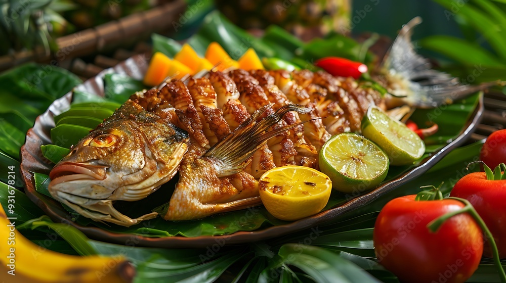 Fried tilapia fish with fruit on leaf background healthy food concept Fried tilapia fish with fruit on leaf background healthy food concept