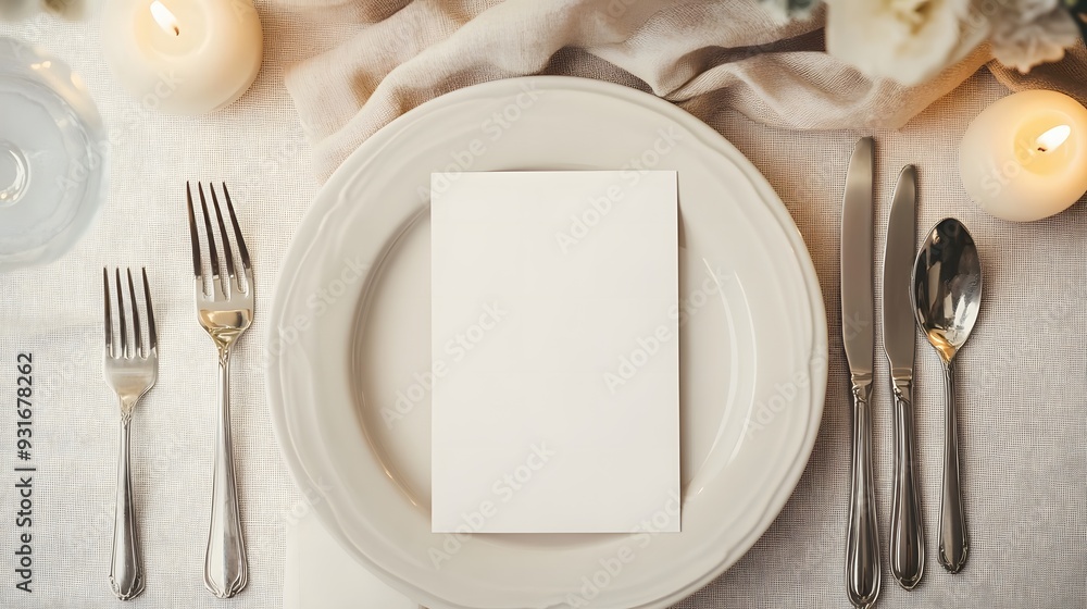 Elegant wedding table setting with a blank place card on a white plate. Perfect mockup for wedding invitations, event branding, or menu design in an upscale, refined atmosphere Elegant wedding table setting with a blank place card on a white plate. Perfect mockup for wedding invitations, event branding, or menu design in an upscale, refined atmosphere