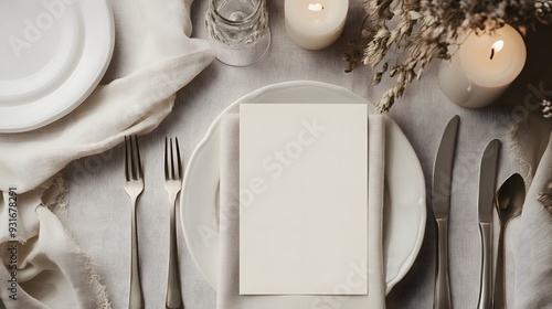 Elegant wedding table setting with a blank place card on a white plate. Perfect mockup for wedding invitations, event branding, or menu design in an upscale, refined atmosphere