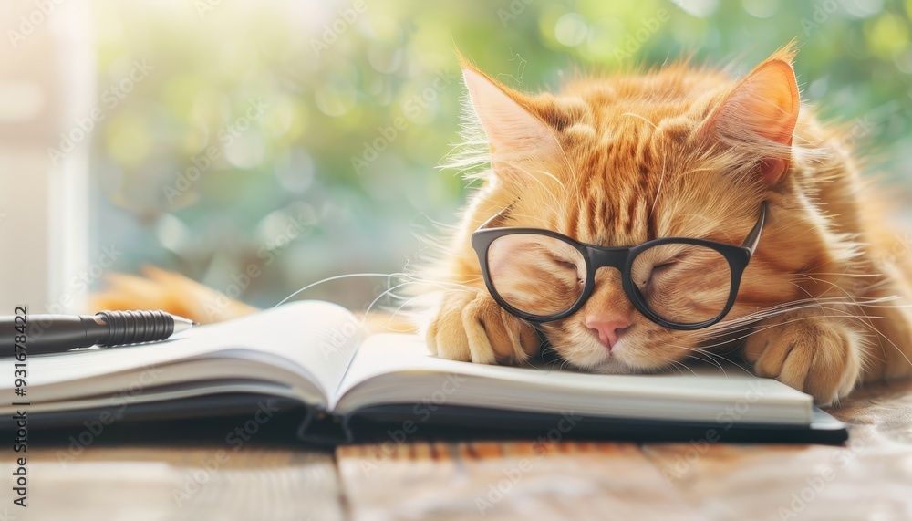 Cute ginger cat wearing glasses sleeping on a book Cute ginger cat wearing glasses sleeping on a book