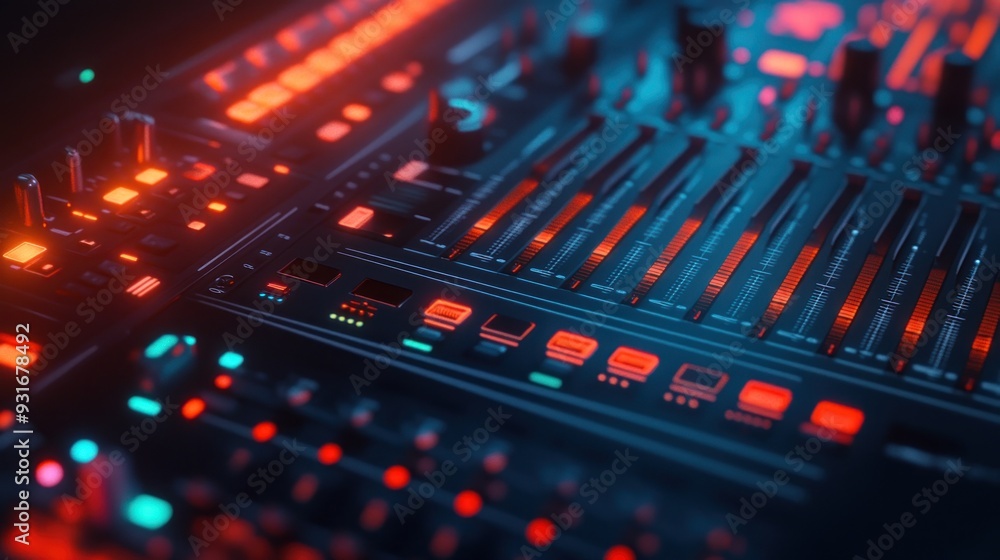 Closeup of a Music Mixer in Red and Blue Lighting Closeup of a Music Mixer in Red and Blue Lighting