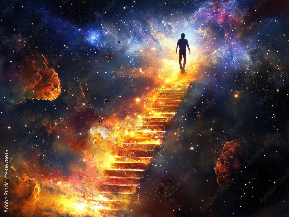 Man Ascending Fiery Cosmic Stairway into Mystical Cosmic Void Man Ascending Fiery Cosmic Stairway into Mystical Cosmic Void