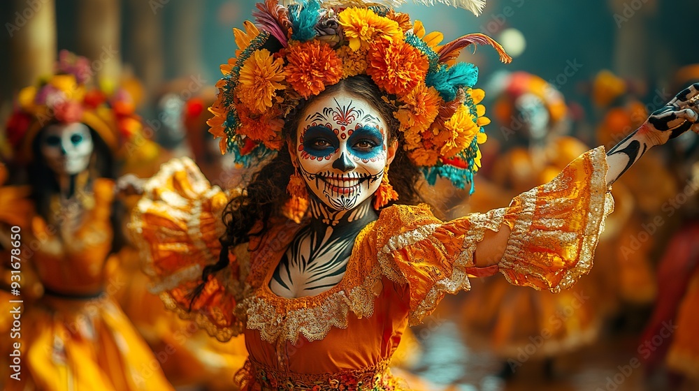 A group of people performing a traditional Day of the Dead dance in colorful costumes A group of people performing a traditional Day of the Dead dance in colorful costumes