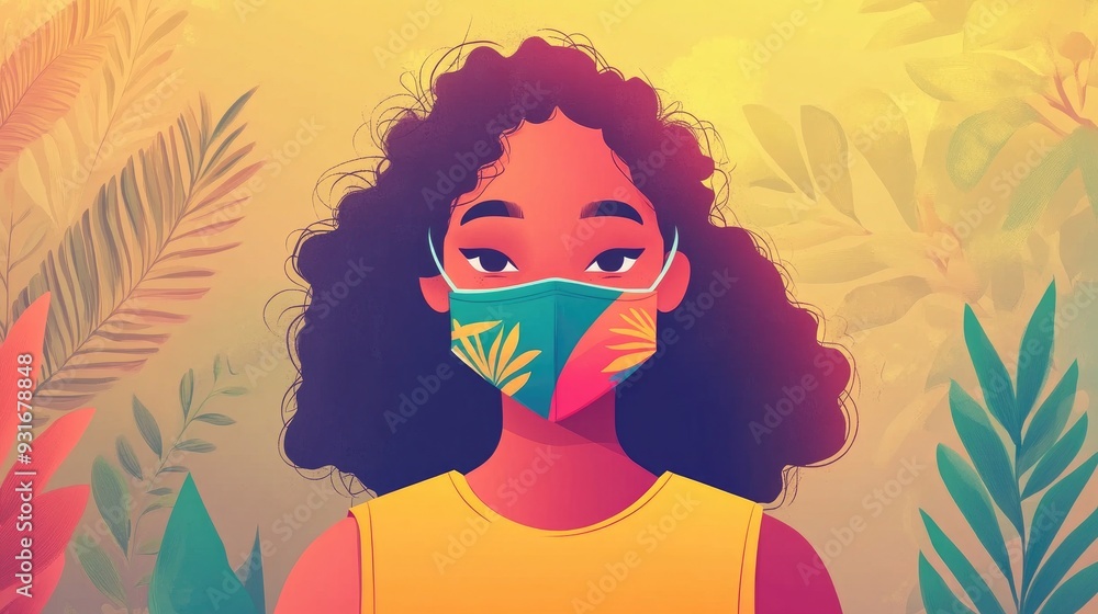 Cartoon character wearing a colorful mask outside to stay safe from germs Cartoon character wearing a colorful mask outside to stay safe from germs