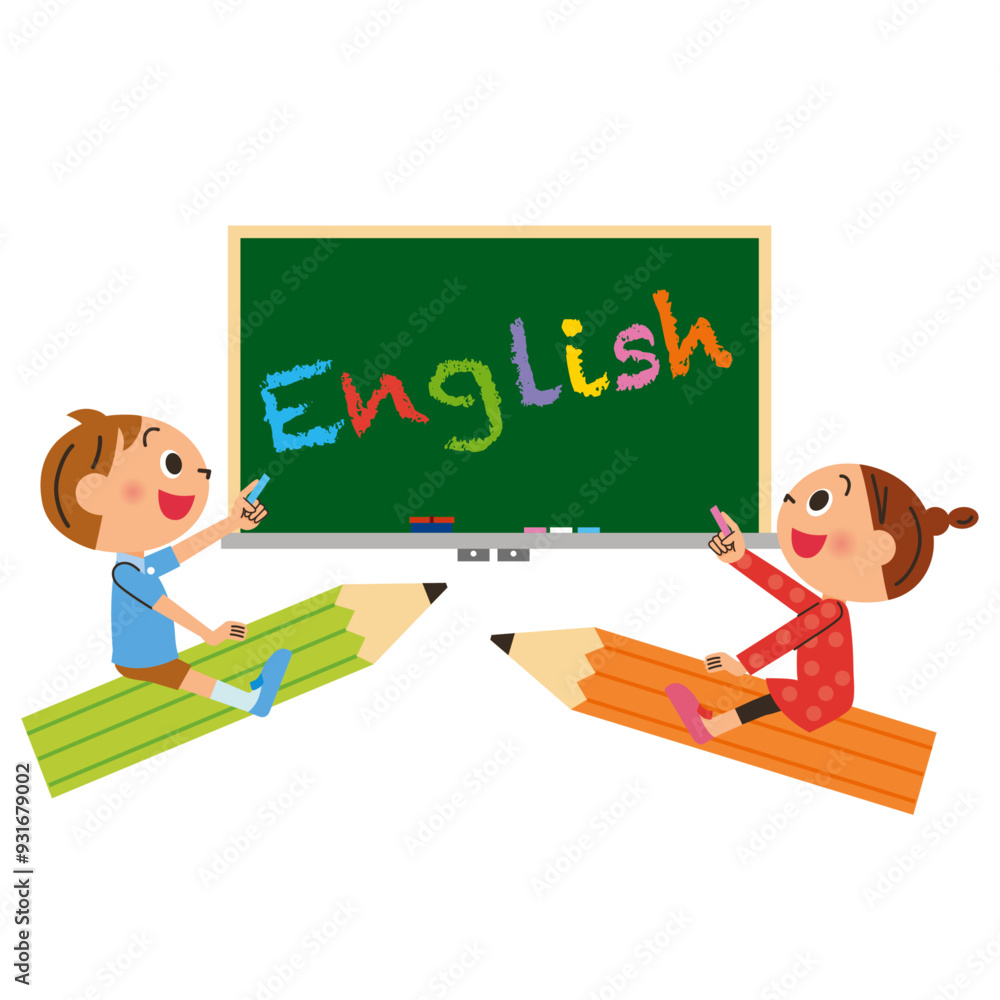 英語の勉強をする鉛筆に乗ってる子供 英語の勉強をする鉛筆に乗ってる子供