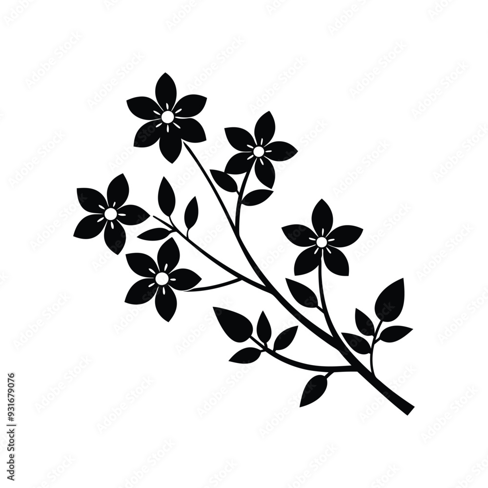 Fototapeta premium Minimal blooming floral branch silhouette illustration, branch with flowers on a white background