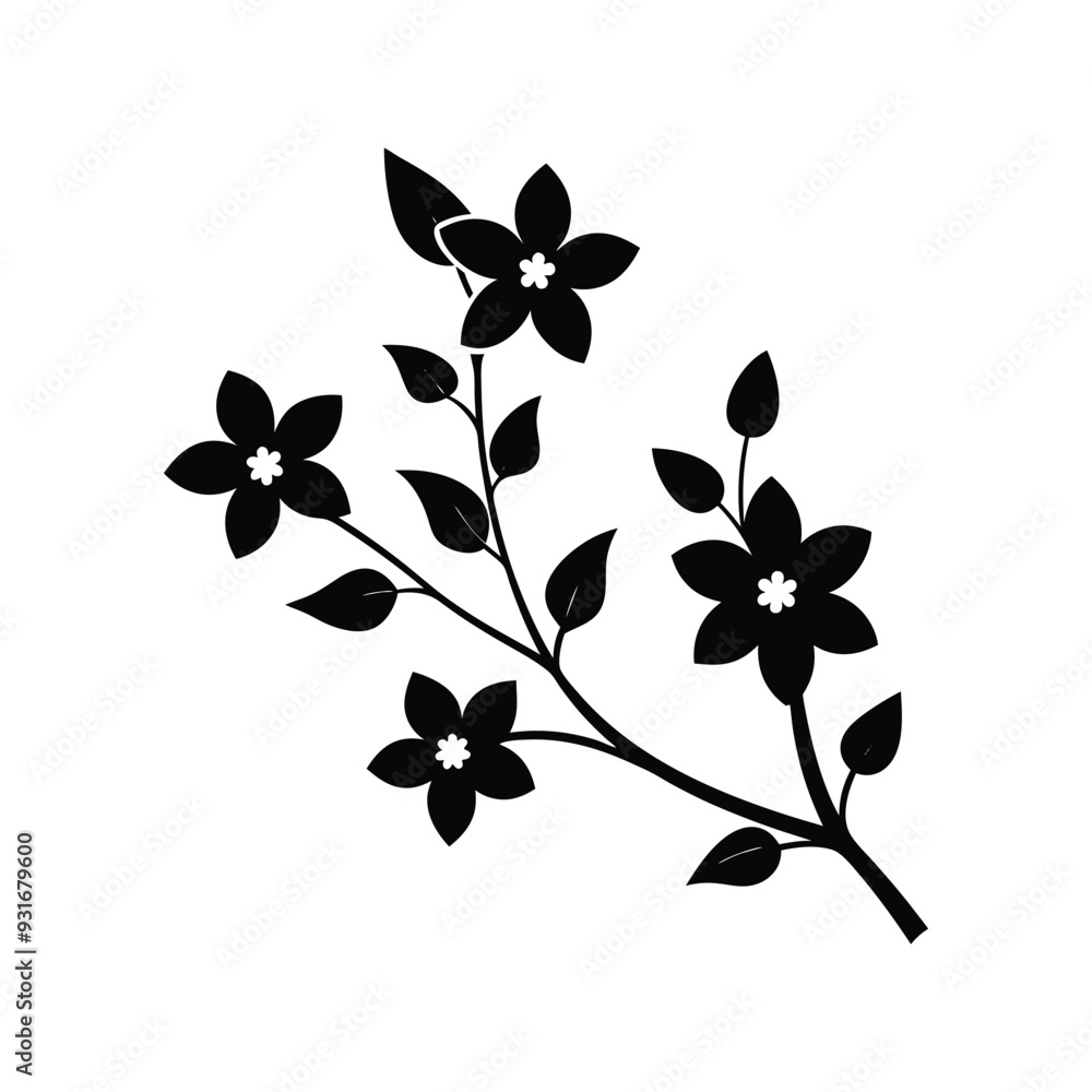 Fototapeta premium Minimal blooming floral branch silhouette illustration, branch with flowers on a white background