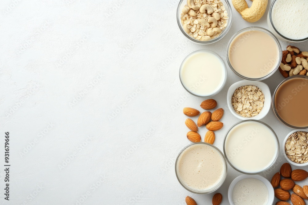 Various Plant-Based Milks and Ingredients on a White Surface Various Plant-Based Milks and Ingredients on a White Surface