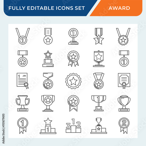 awards line icon set, trophy medal winner icon with editable stroke