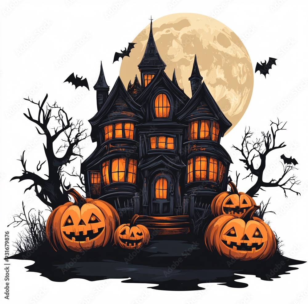 Enchanting Halloween Scene with Haunted House and Jack-o’-Lanterns Enchanting Halloween Scene with Haunted House and Jack-o’-Lanterns