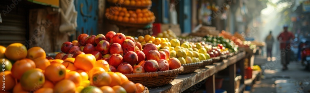 Many different fruits and vegetables on display at a market Many different fruits and vegetables on display at a market