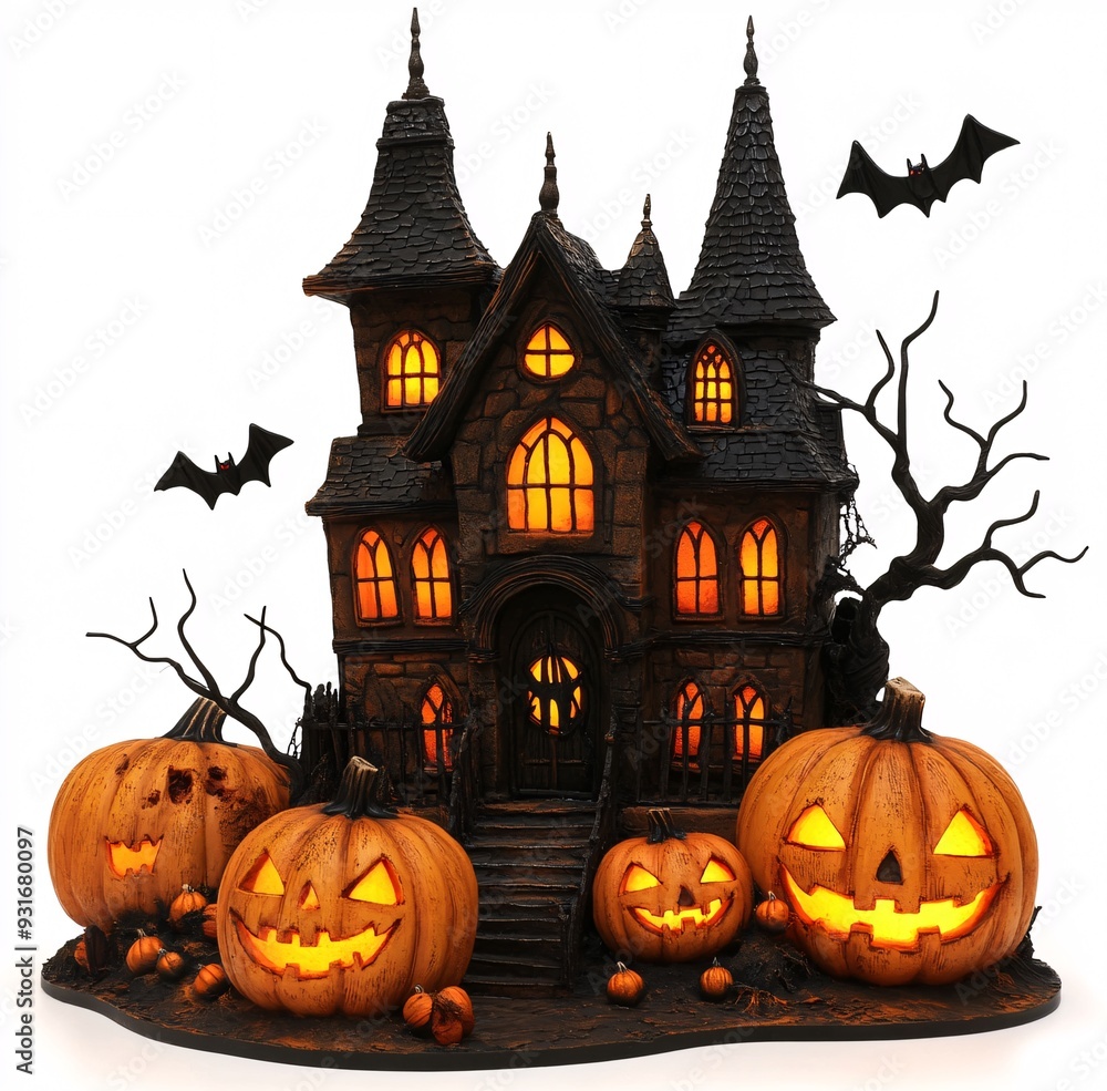 Enchanting Halloween Scene with Haunted House and Jack-o’-Lanterns Enchanting Halloween Scene with Haunted House and Jack-o’-Lanterns