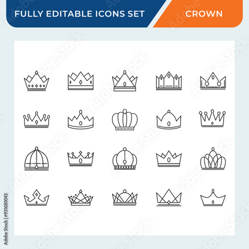 crown abstract line icon set with editable stroke vector.