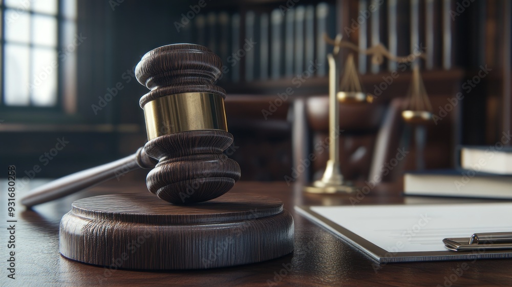 Gavel and Scales of Justice in Courtroom Gavel and Scales of Justice in Courtroom