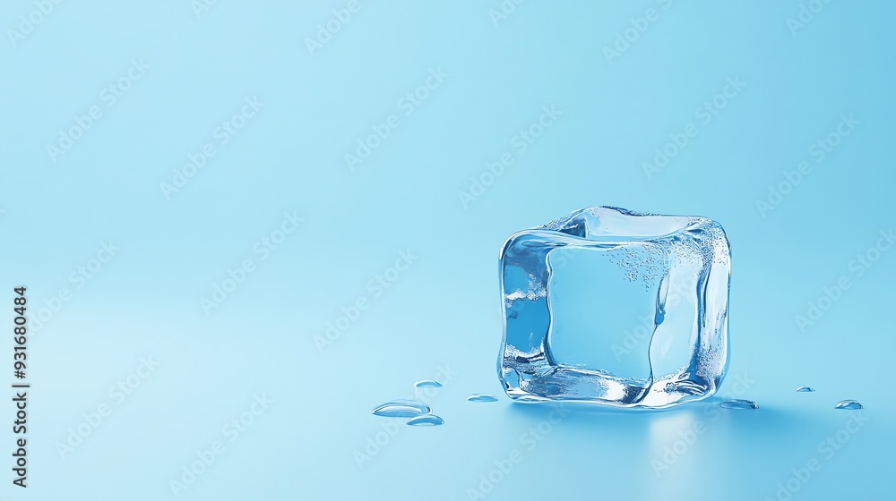A single ice cube with some melted water drops on a light blue background. A single ice cube with some melted water drops on a light blue background.