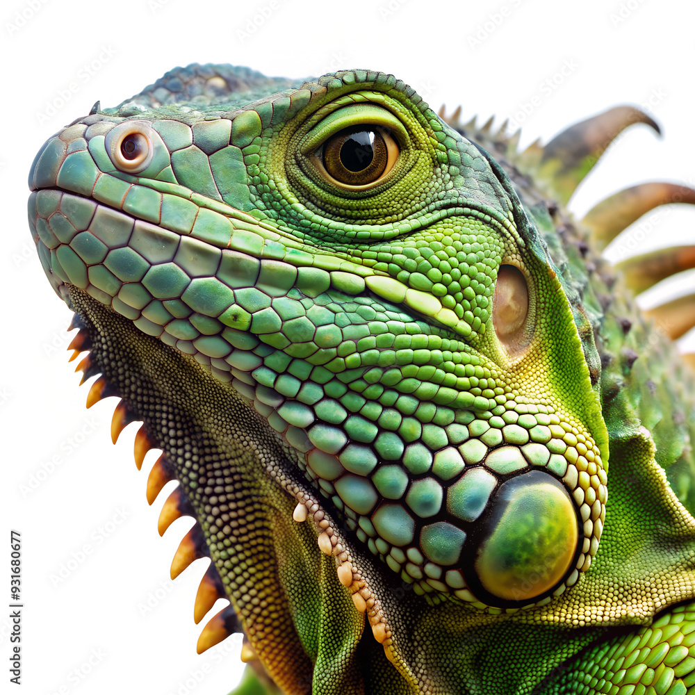 Fototapeta premium Green Iguana with Textured Scales on White Background