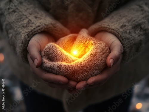 Warm Hands Holding Glowing Light in Cozy Knit Mittens – Winter Comfort and Warmth photo