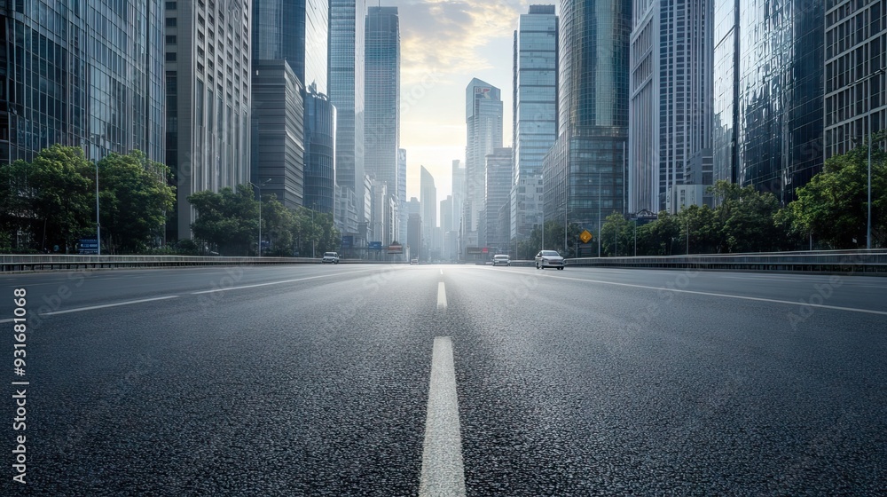 Empty asphalt road with modern skyscrapers in the background, sunlight illuminating a city street scene in an urban center during daylight. AI generated illustration Empty asphalt road with modern skyscrapers in the background, sunlight illuminating a city street scene in an urban center during daylight. AI generated illustration