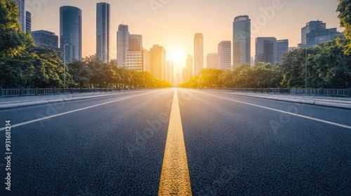 Wallpaper Mural Empty asphalt road with modern skyscrapers in the background, sunlight illuminating a city street scene in an urban center during daylight. AI generated illustration Torontodigital.ca