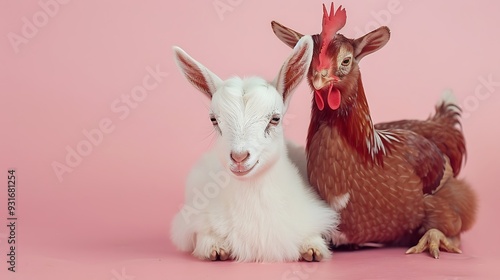 Goatling and red hen closeup isolated on pink background