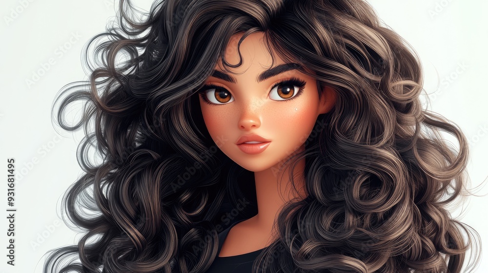 Charming 3D cartoon brunette girl with long curly hair Joyful character with wavy curls Trendy fashion beauty and makeup scene Spa treatment and care fantasy Charming 3D cartoon brunette girl with long curly hair Joyful character with wavy curls Trendy fashion beauty and makeup scene Spa treatment and care fantasy