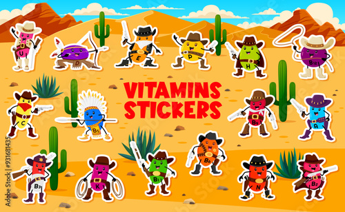 Cartoon vitamin cowboy characters stickers pack. Vector playful supplement capsules in a desert, represent health and nutrition. Vitamin D, E, B12 and 9, 6 or C. B1 and5, B3 and 2, A, H and K, N and U