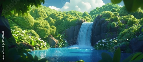 A vibrant 3D cartoon waterfall splashes down into a calming pool surrounded by lush green hills highlighting the enchanting scenery