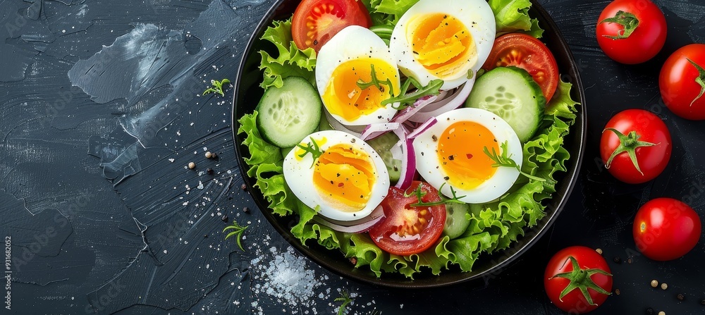 Fresh salad with boiled eggs, cucumbers and tomatoes on a black background, healthy eating concept. Fresh salad with boiled eggs, cucumbers and tomatoes on a black background, healthy eating concept.