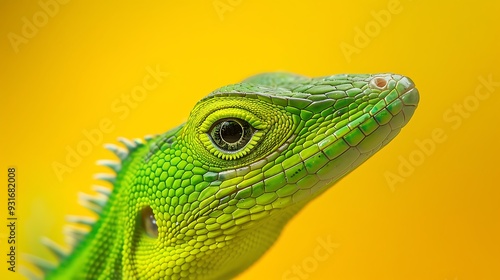 Green anole garden lizard in texas closeup of bright green body scales with bright yellow background photo