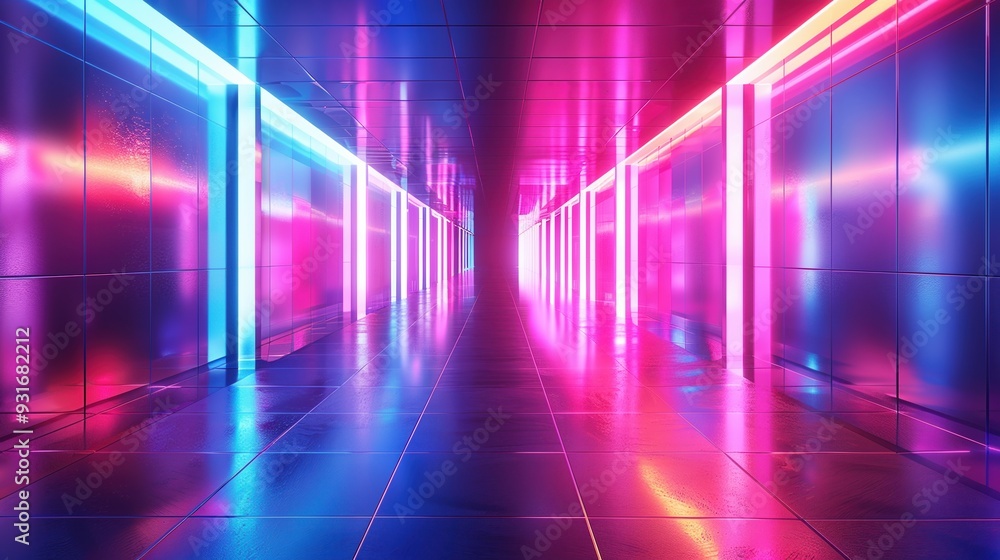 Vibrant Neon Corridor with Reflective Surfaces Background Vibrant Neon Corridor with Reflective Surfaces Background