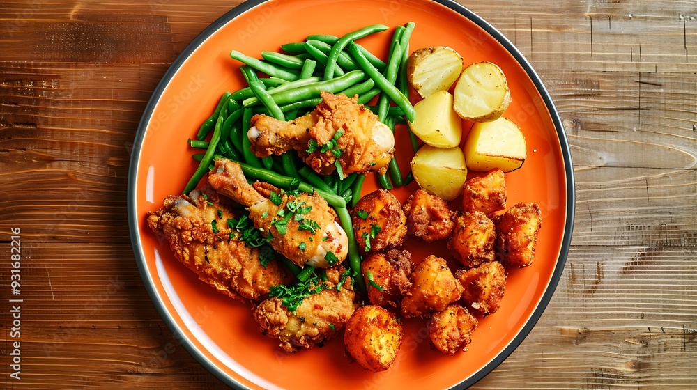 green beans fried chicken and boiled potatoes on a orange plate green beans fried chicken and boiled potatoes on a orange plate