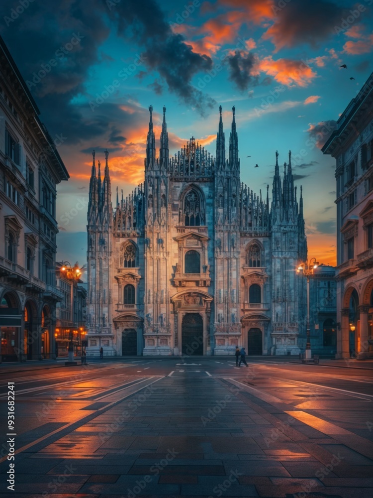 Fototapeta premium A beautiful view of the Milan Cathedral at dusk, with a soft hue of pink and blue in the sky.