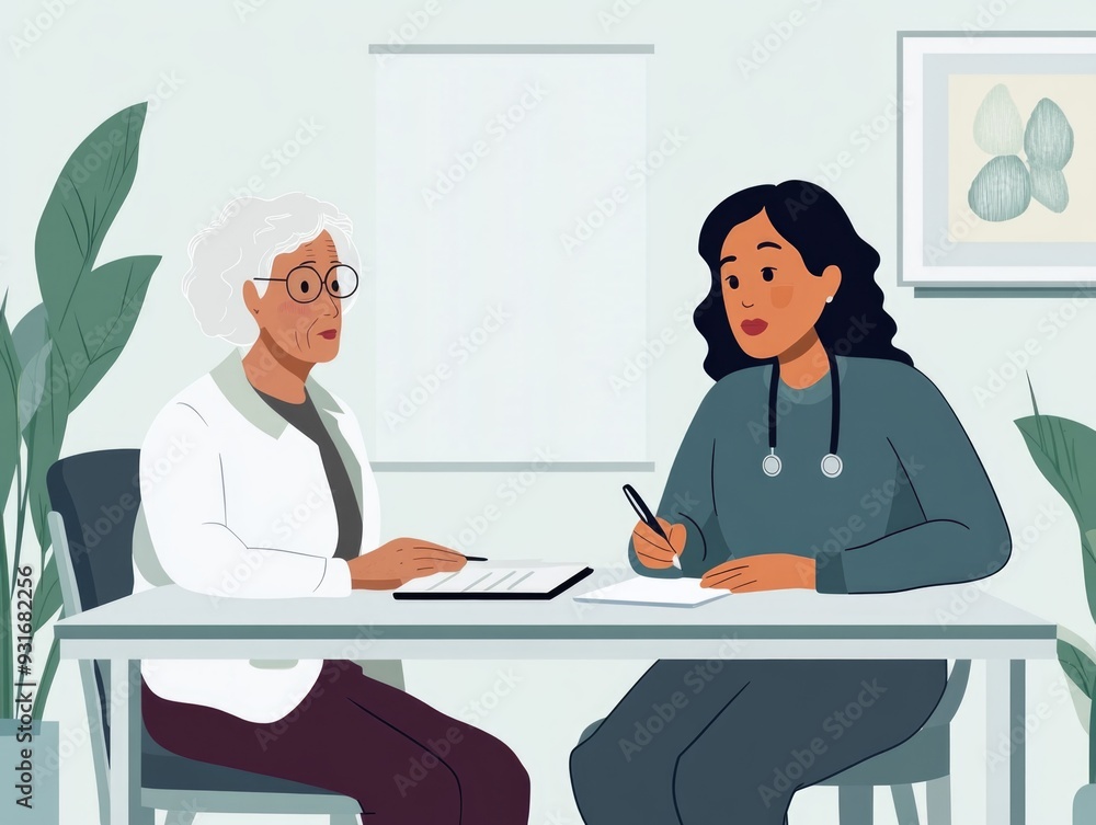 Doctor and Elderly Patient Consultation in Modern Medical Office