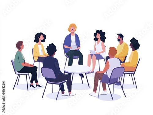 Group Therapy Session with Diverse People in a Support Circle on White Background