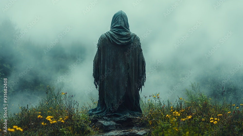 Fototapeta premium A mysterious figure in a hooded cloak standing at the edge of a misty forest