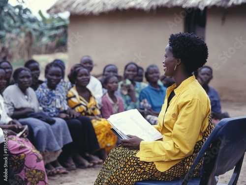 Community Meeting in Rural Village with Smiling Female Leader Engaging Participants