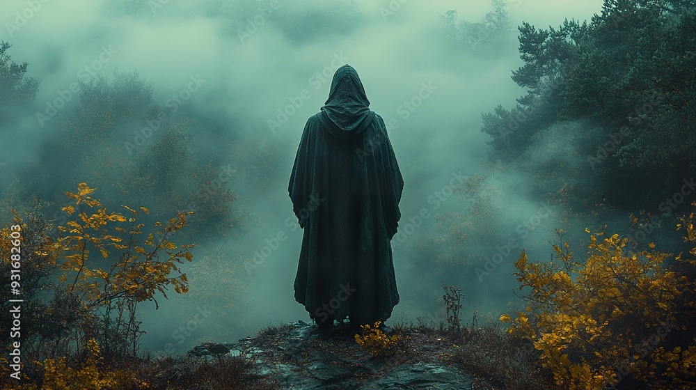 A mysterious figure in a hooded cloak standing at the edge of a misty forest A mysterious figure in a hooded cloak standing at the edge of a misty forest