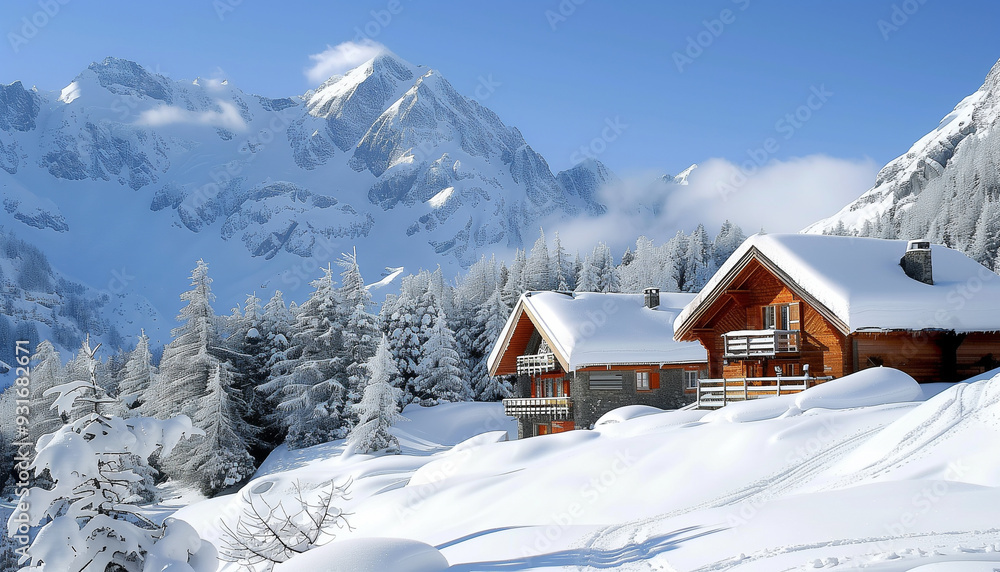 Dessin d'un paysage hivernal sous la neige avec des petits chalets dans les montagnes Dessin d'un paysage hivernal sous la neige avec des petits chalets dans les montagnes