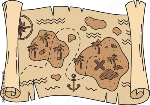 Cartoon groovy pirate and corsair treasures map. Vector worn fantasy vintage parchment with sea, land, Caribbean islands, wind rose and ship anchor. Isolated old, antique, medieval paper adventure map