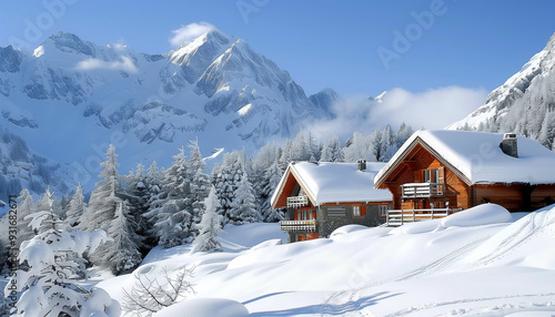 Dessin d'un paysage hivernal sous la neige avec des petits chalets dans les montagnes