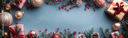 Christmas decorations and gifts are arranged around a blue background, christmas background, banner, copy space