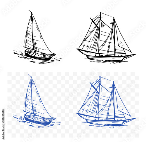 Yachts, realistic sketch, hand drawn vector